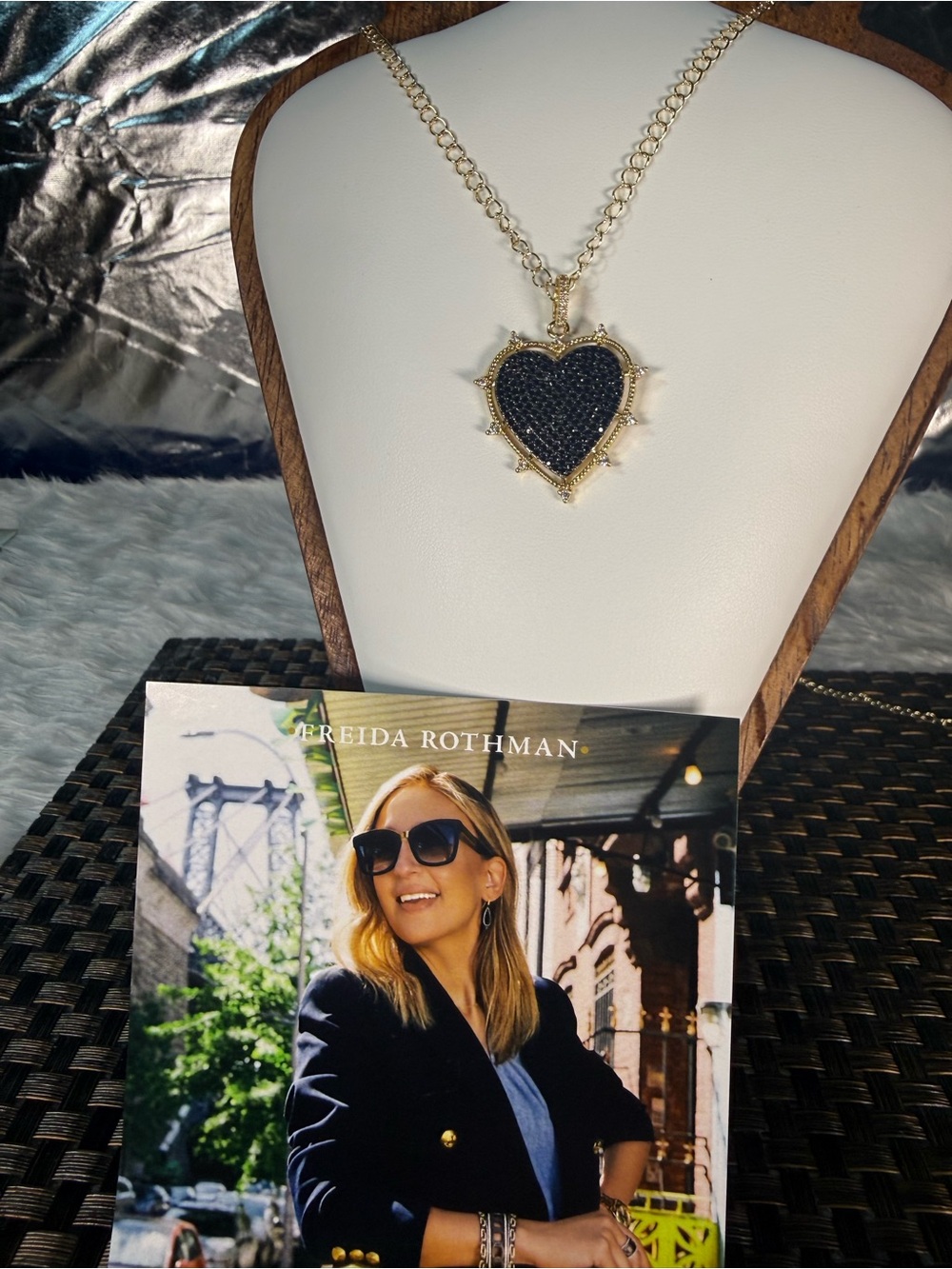 Gold Heart Pendant Necklace with Black Pavé Accent